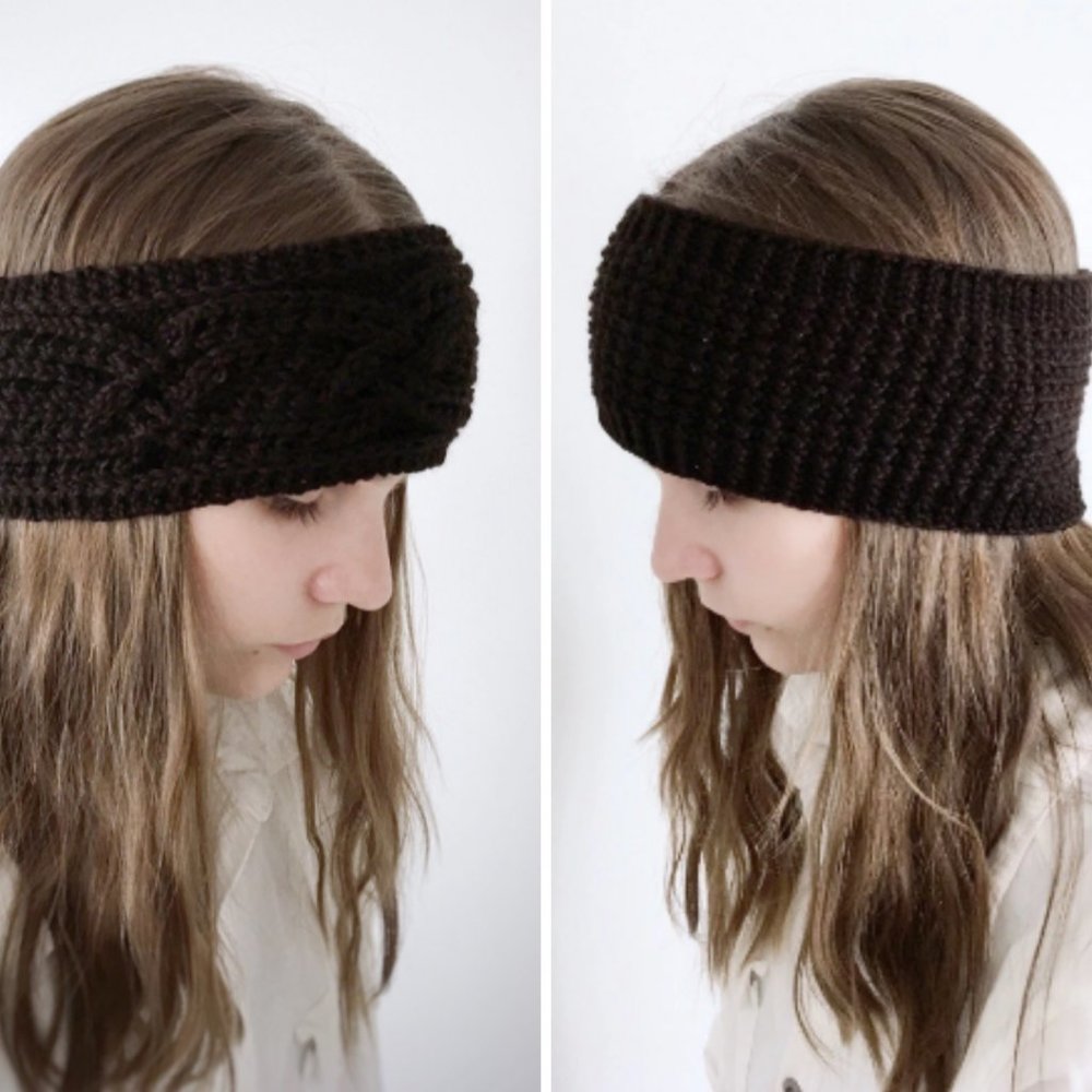 2 Knitted Headbands in Dark Brown Cabled + Textured Handmade Soft Cozy Accessory